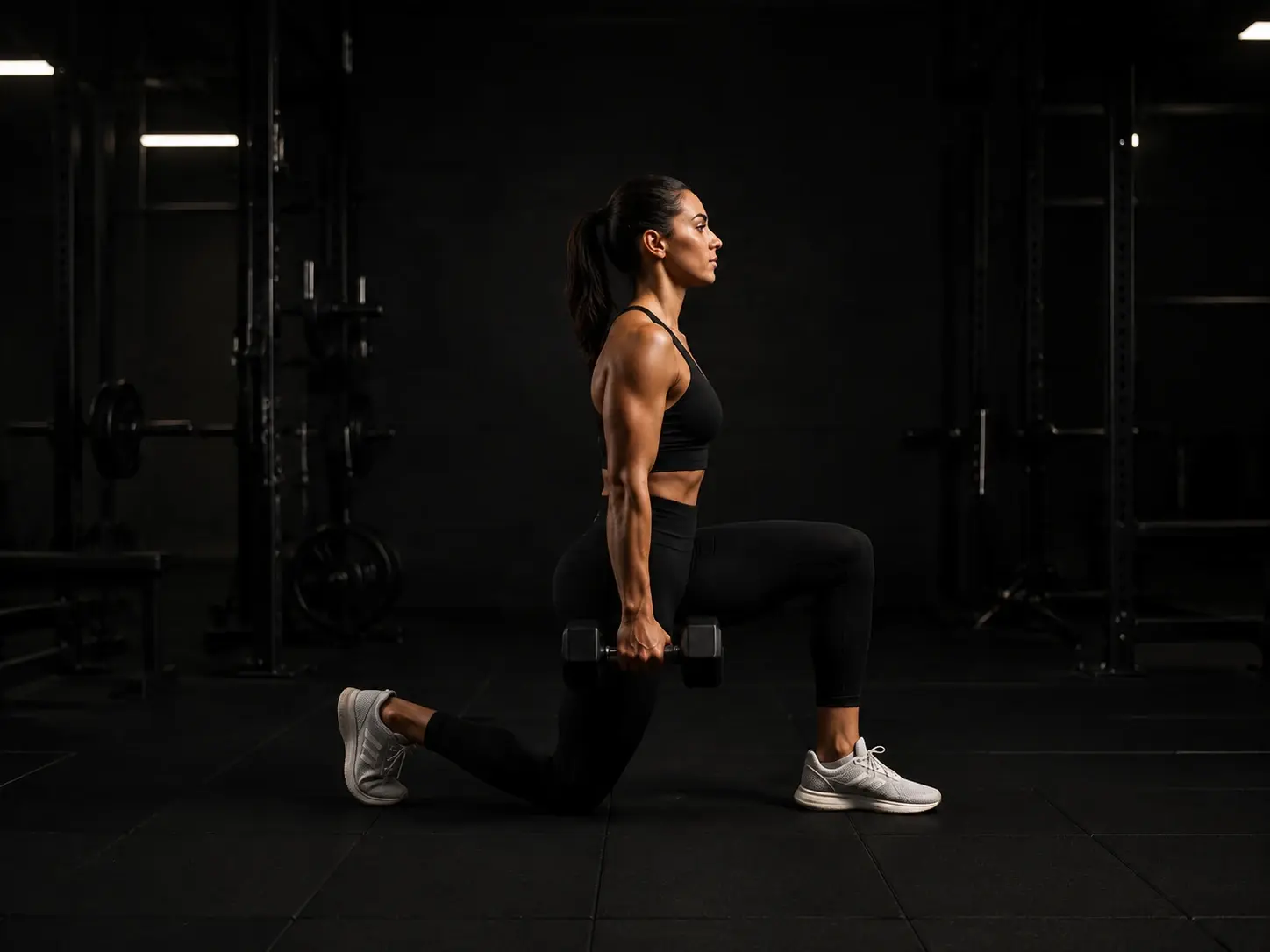 Femme réalisant une fente avec haltères pendant une séance de remise en forme